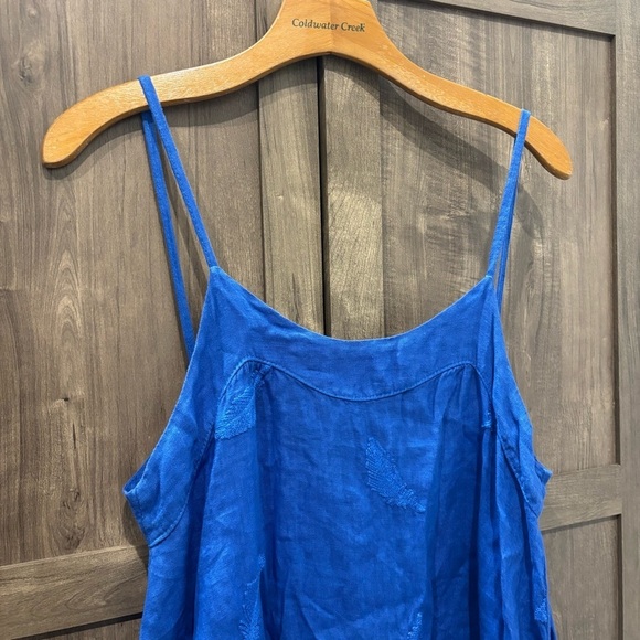 Pure Lino Linen Italy Dress Spaghetti straps blue embroidered - Picture 5 of 11
